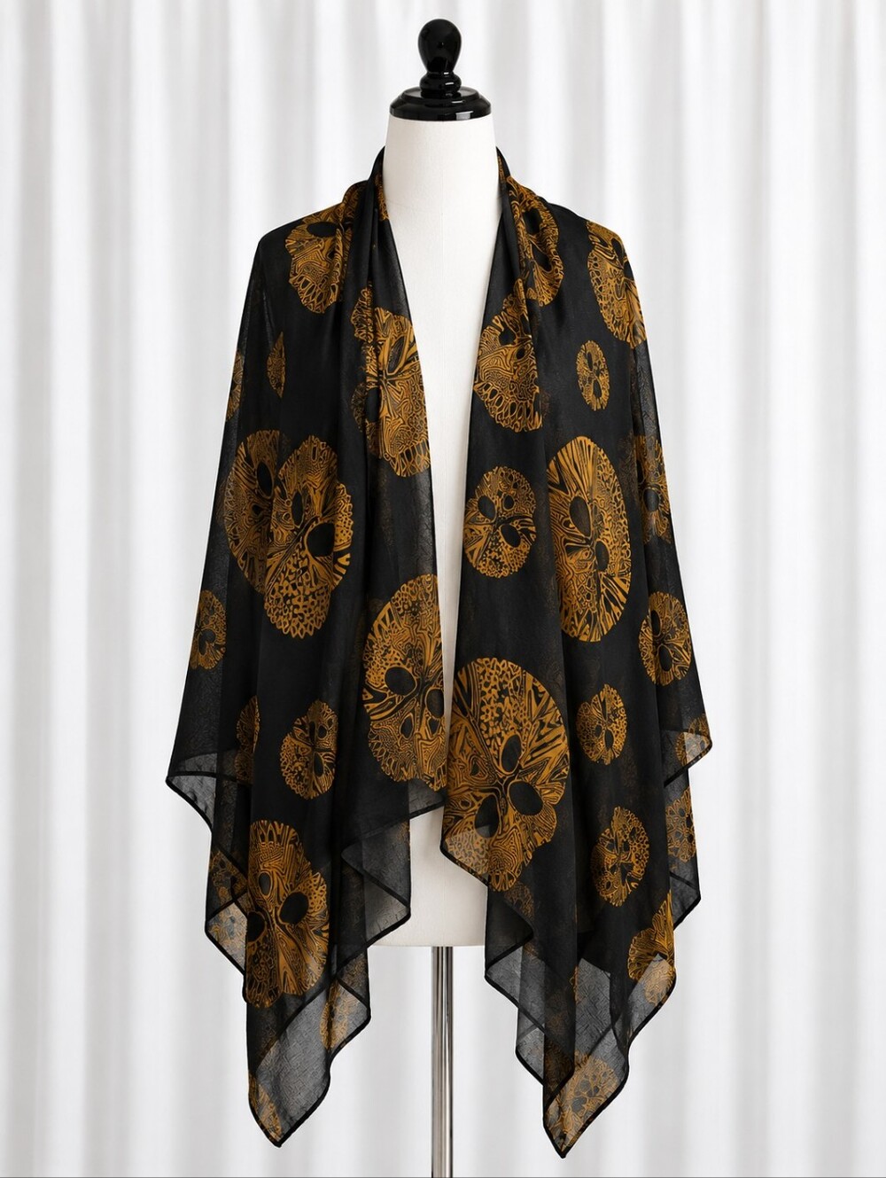 Edgy Tribal Sugar Skull Pattern Semi Sheer Black Golden Tan Oversized Scarf Wrap